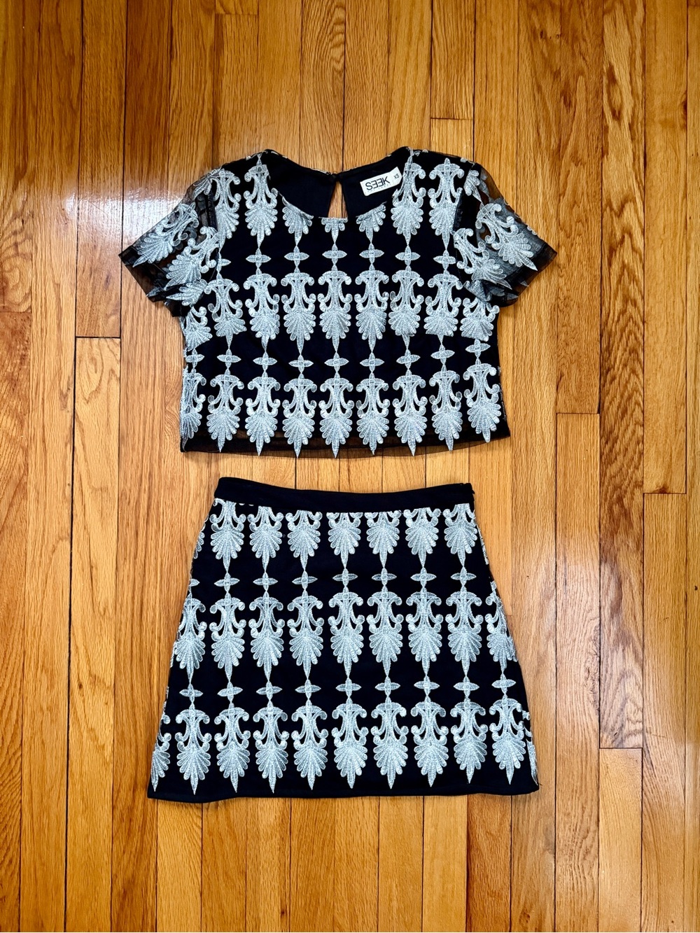 Embroidered Black & Silver Two-Piece Skirt Set